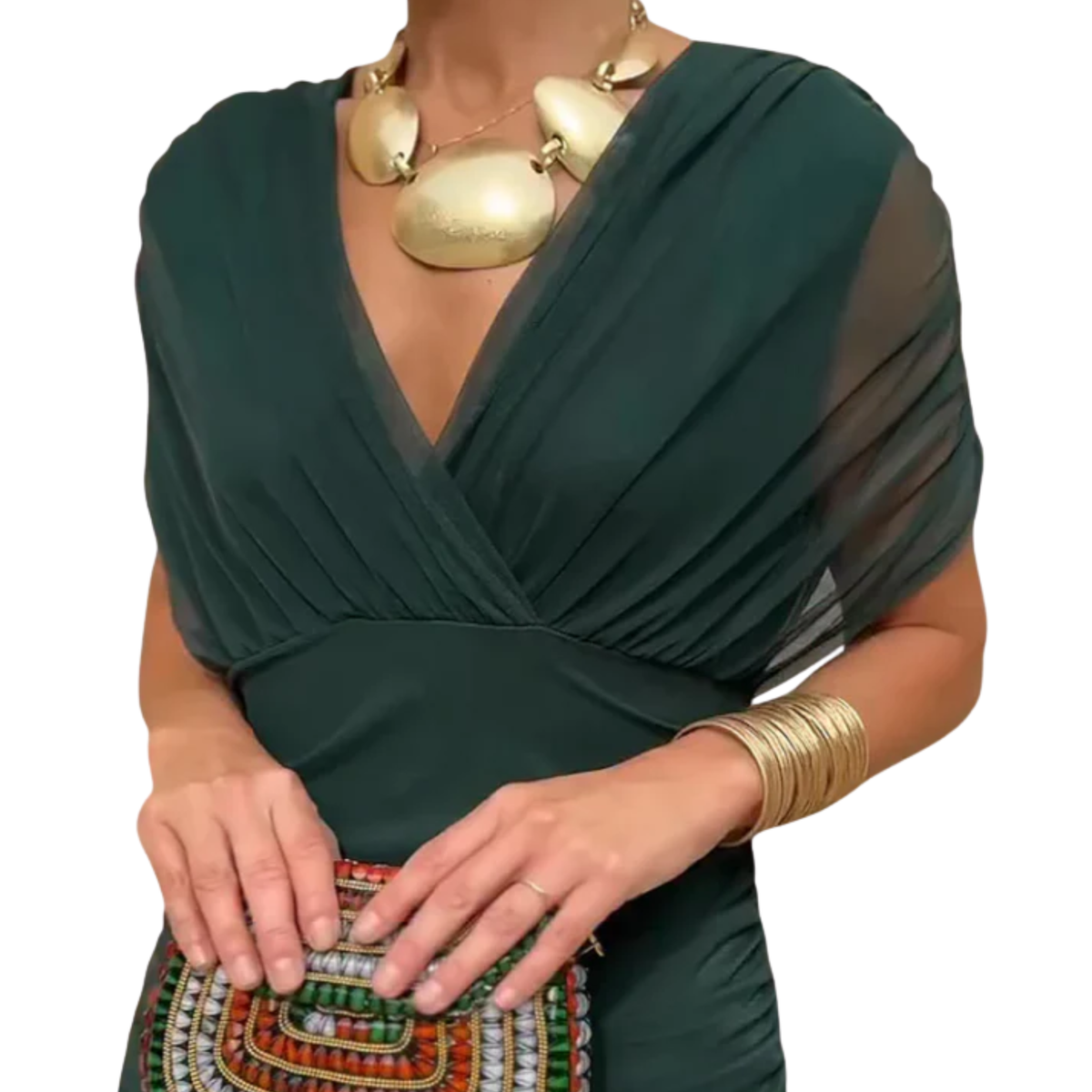 Damenkleid mit ausgestelltem Schnitt und V-Ausschnitt — Dunkelgrün