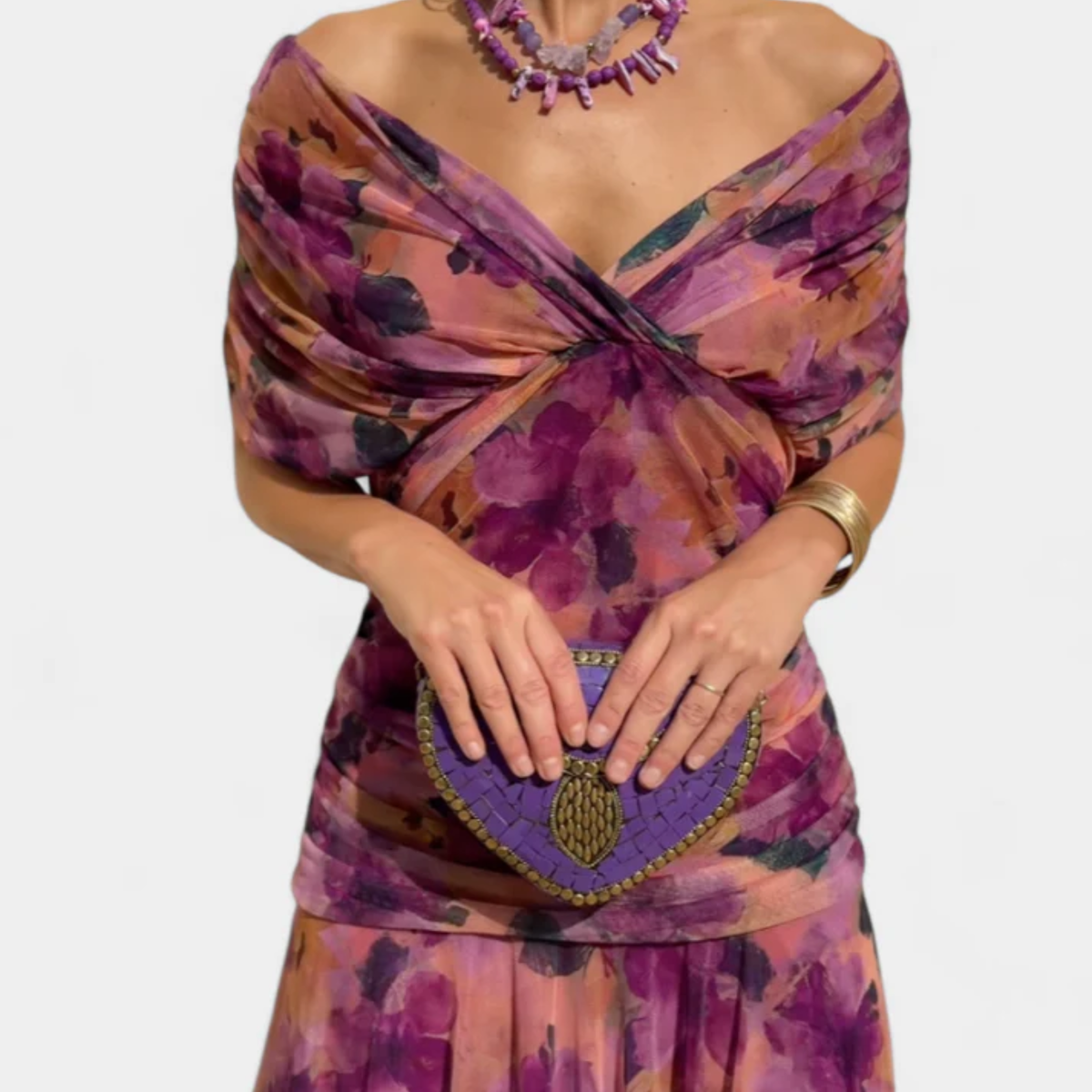 Damenkleid mit ausgestelltem Schnitt und V-Ausschnitt — Violett/Orange