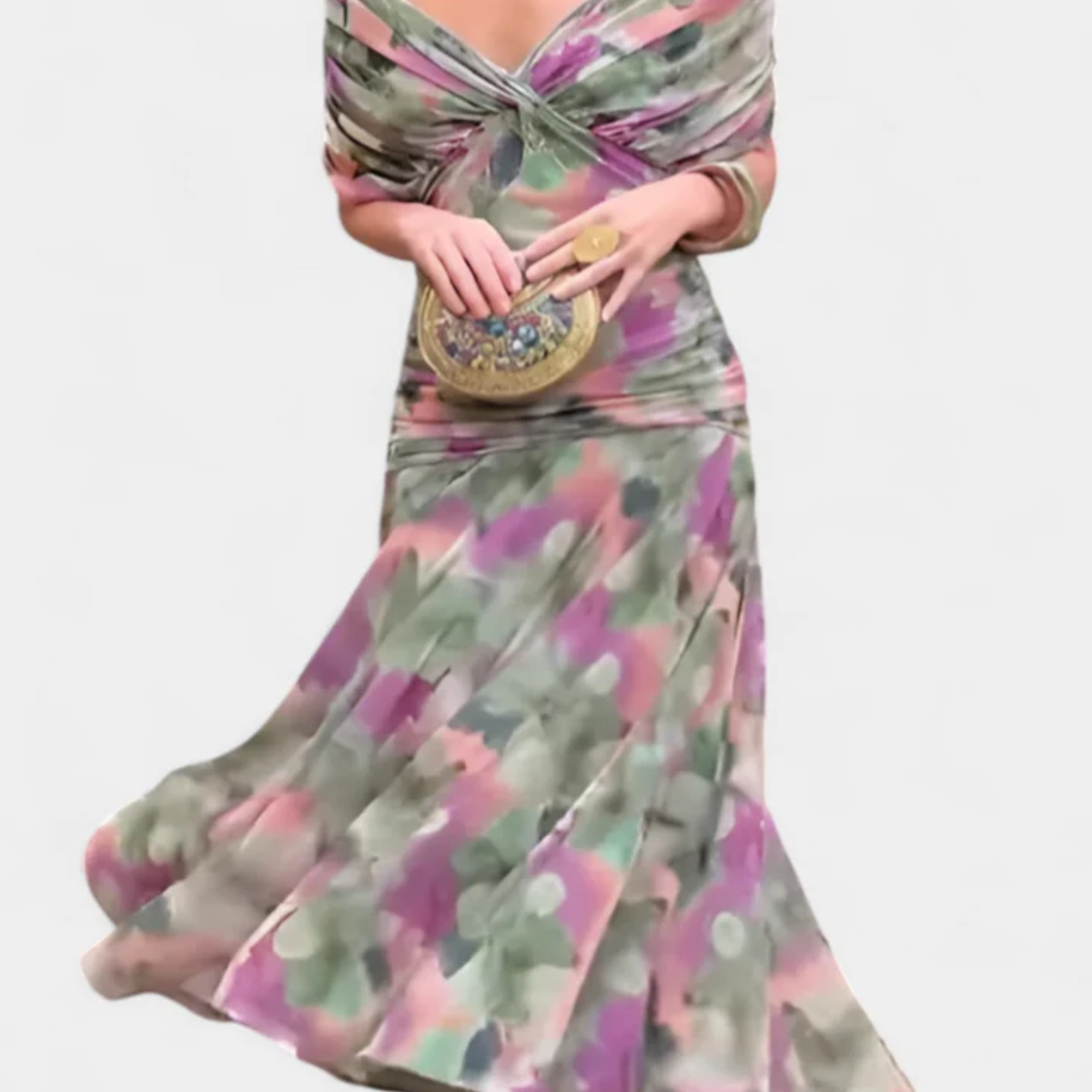 Damenkleid mit ausgestelltem Schnitt und V-Ausschnitt — Grün/Rosa/Grau