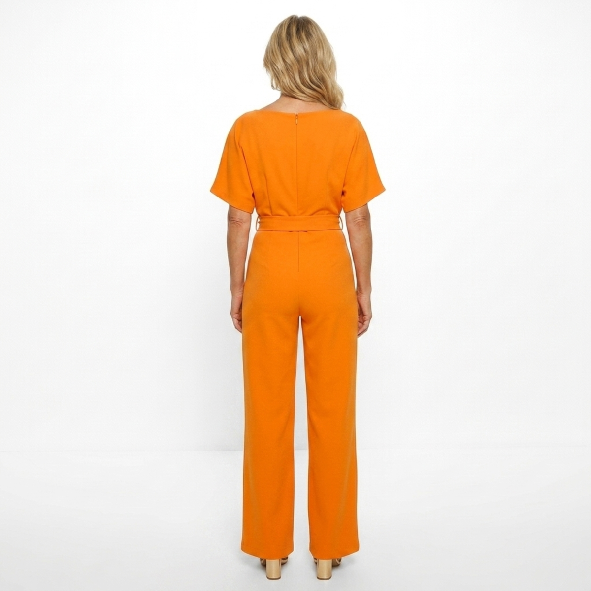 Wide-leg jumpsuit — short sleeves and belt — everyday — product view