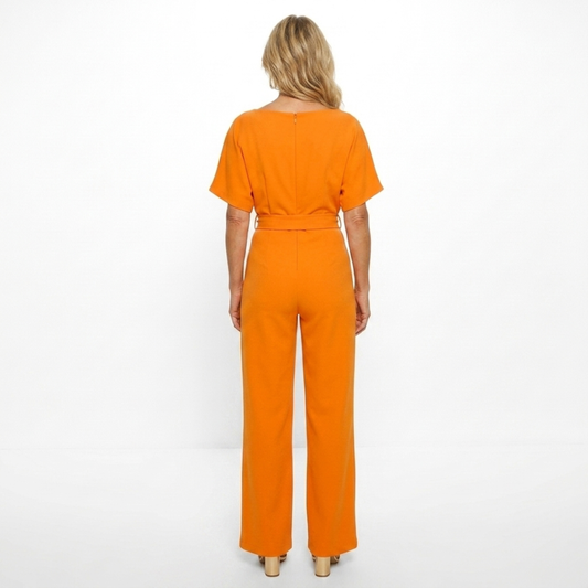 Wide-leg jumpsuit — short sleeves and belt — everyday — product view