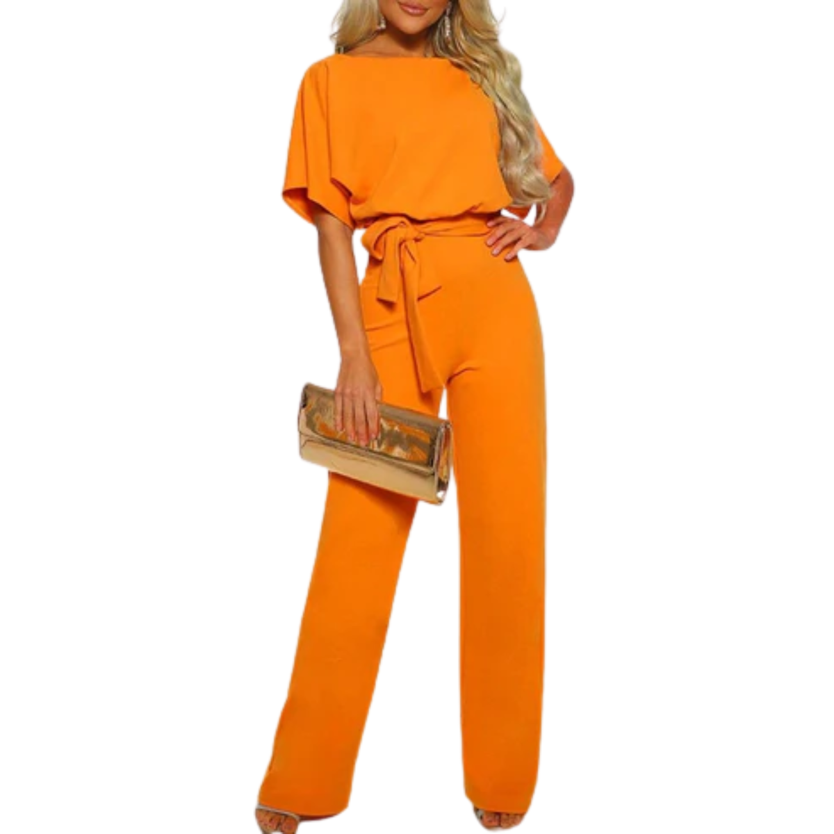 Wide-leg jumpsuit — short sleeves and belt — everyday — Orange