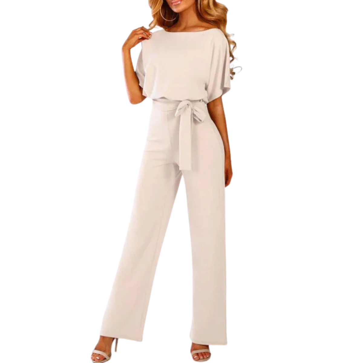 Wide-leg jumpsuit — short sleeves and belt — everyday — Beige