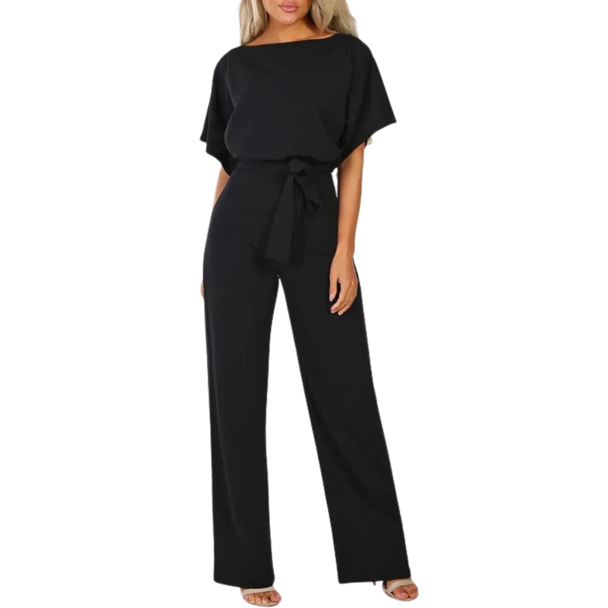 Wide-leg jumpsuit — short sleeves and belt — everyday — Black