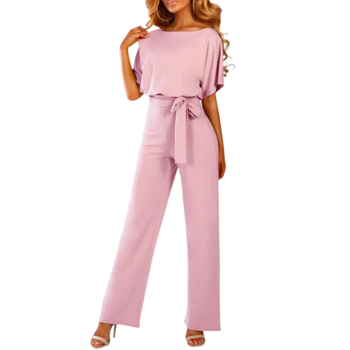 Wide-leg jumpsuit — short sleeves and belt — everyday — Pink