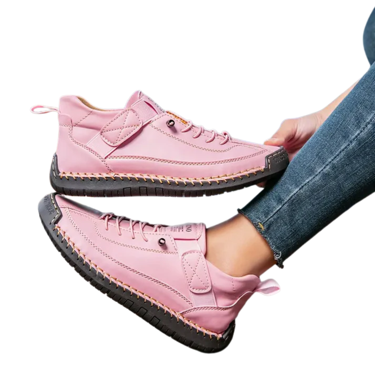 Women's comfort sneakers — laces and topstitching — casual style — Pink