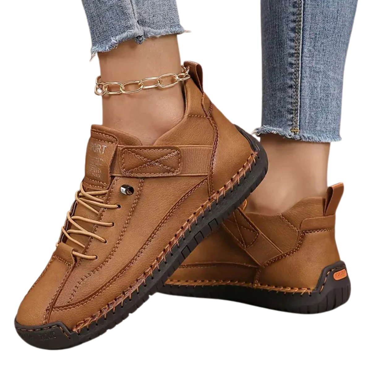 Women's comfort sneakers — laces and topstitching — casual style — Brown