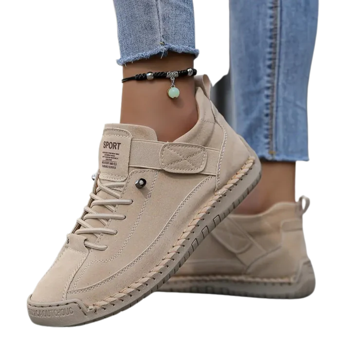 Women's comfort sneakers — laces and topstitching — casual style — Light Apricot