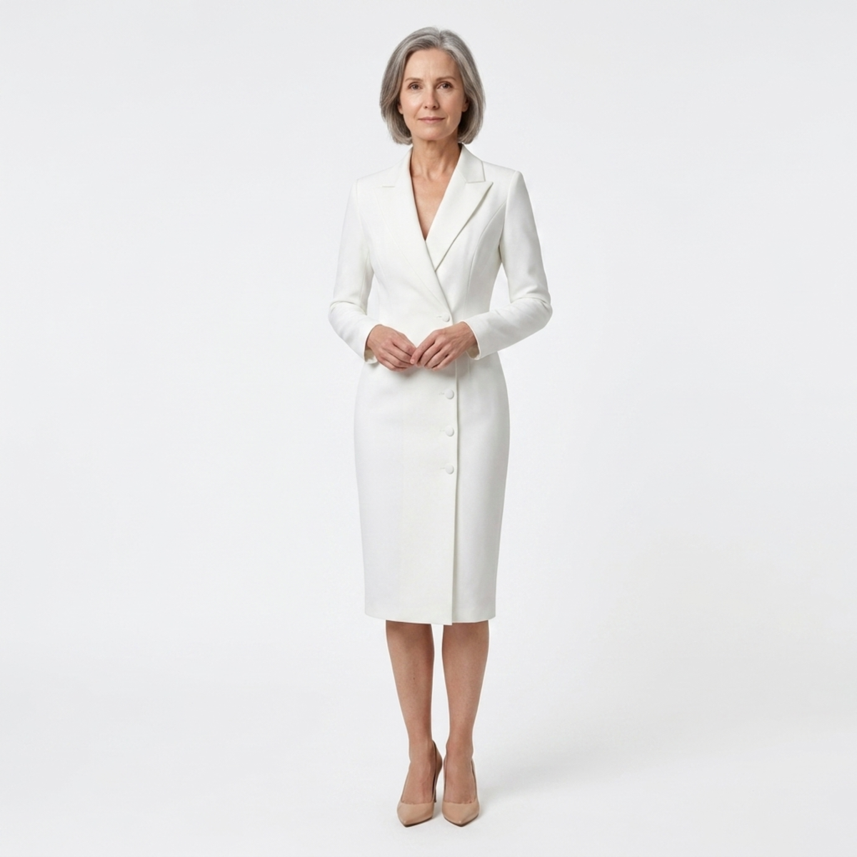 Midi blazer dress — long sleeves and buttons — office — White