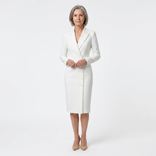 Midi blazer dress — long sleeves and buttons — office — White