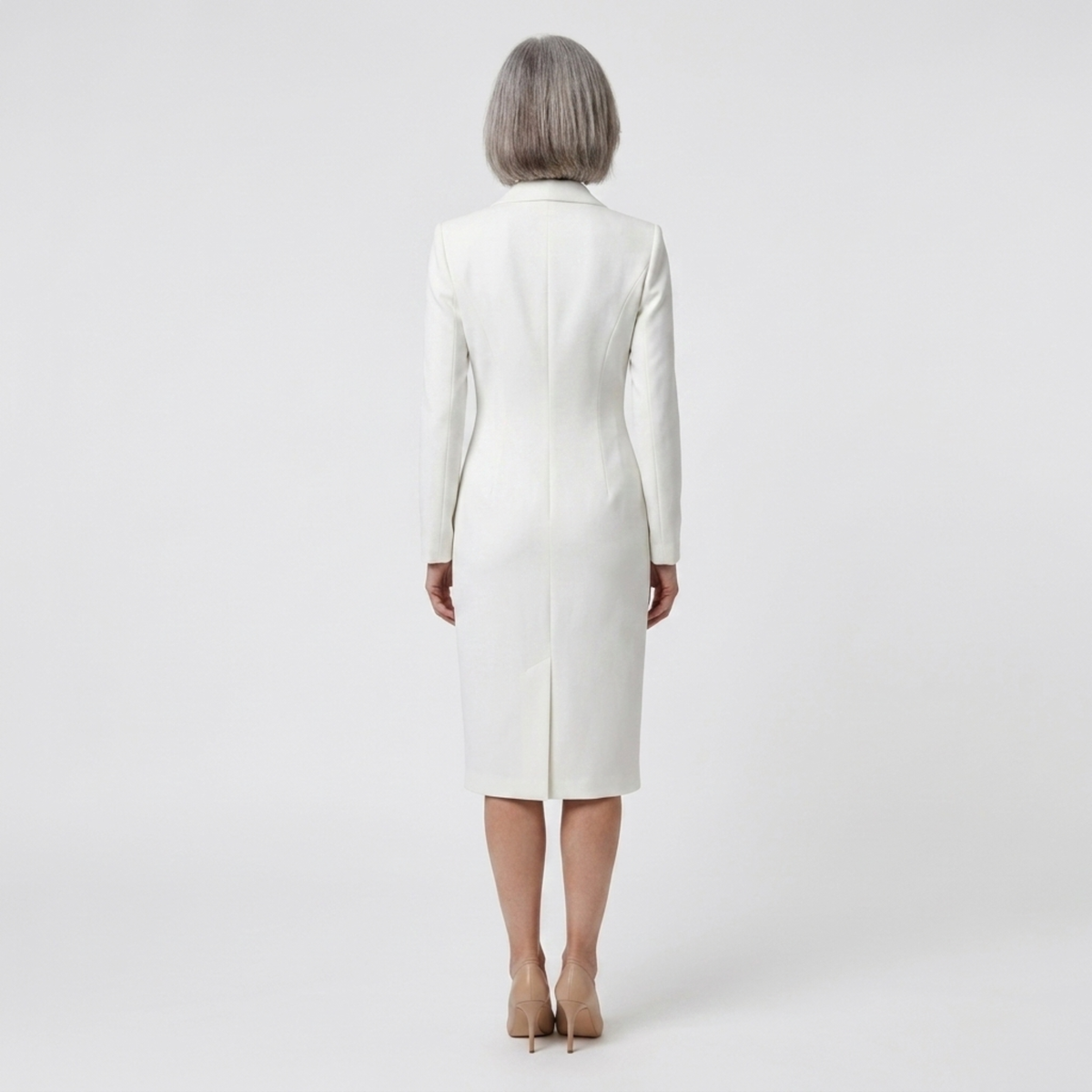 Midi blazer dress — long sleeves and buttons — office — White