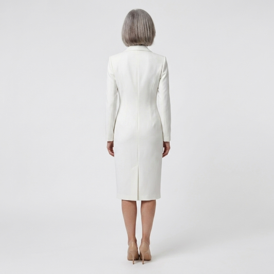 Midi blazer dress — long sleeves and buttons — office — White