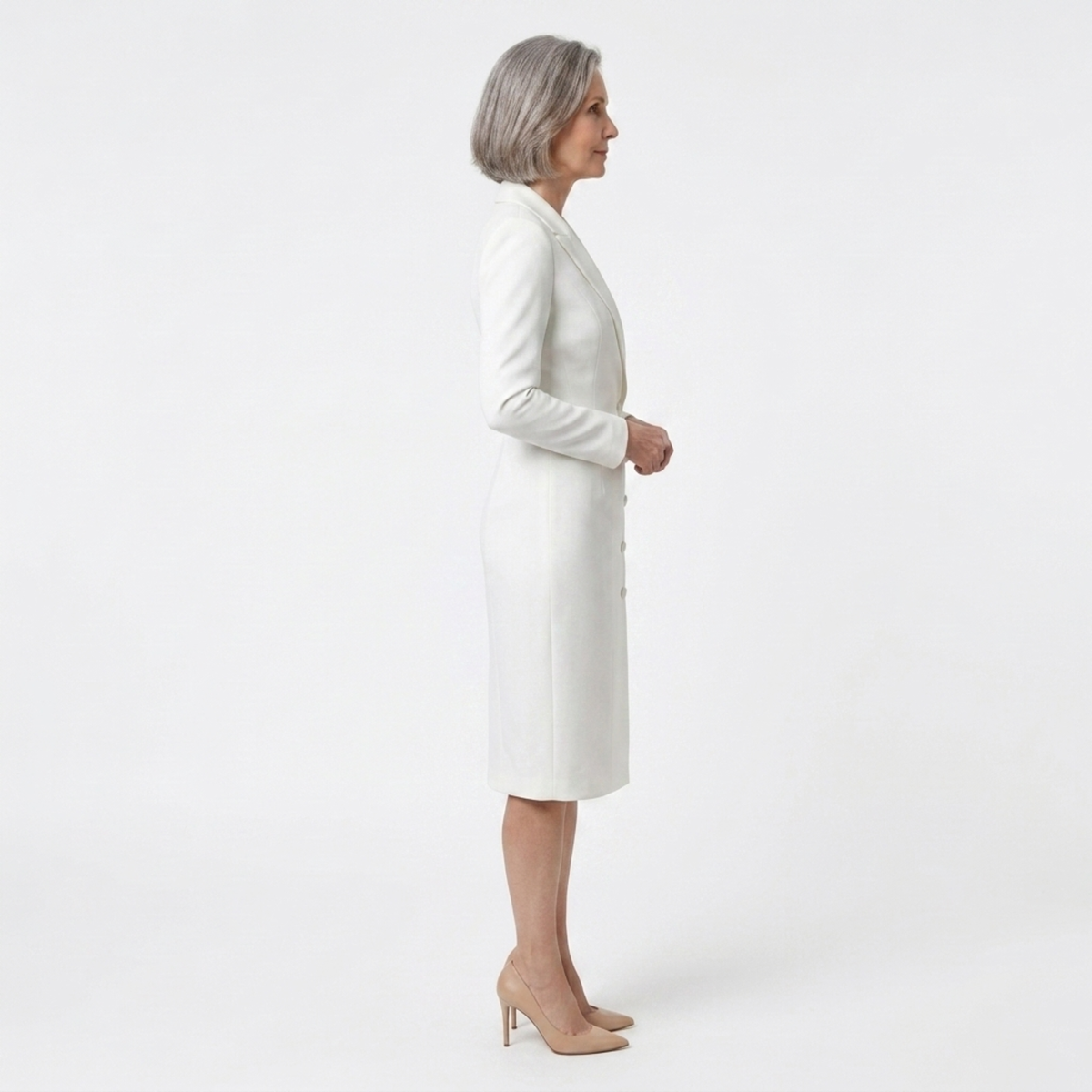 Midi blazer dress — long sleeves and buttons — office — White