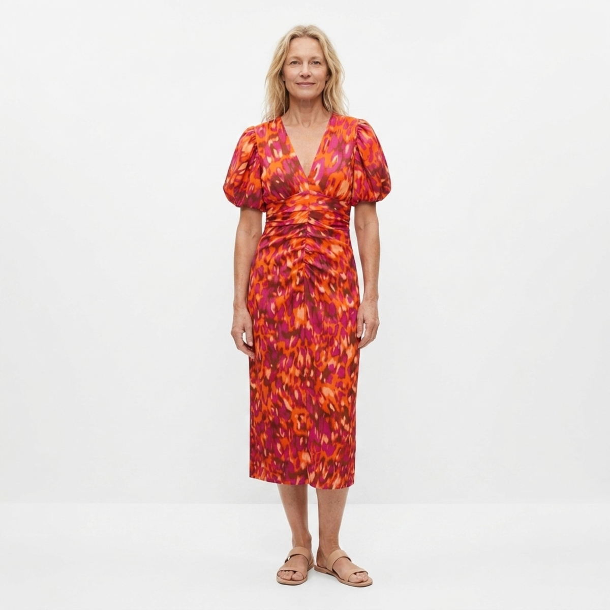 Printed long dress — V-neck and puff sleeves — party — Orange