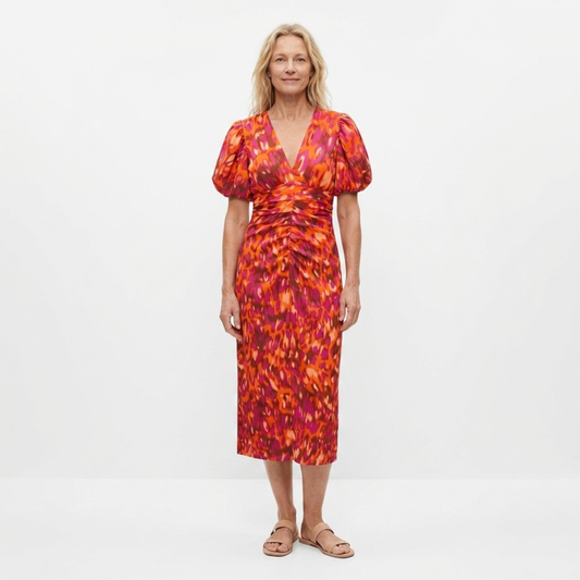 Printed long dress — V-neck and puff sleeves — party — Orange