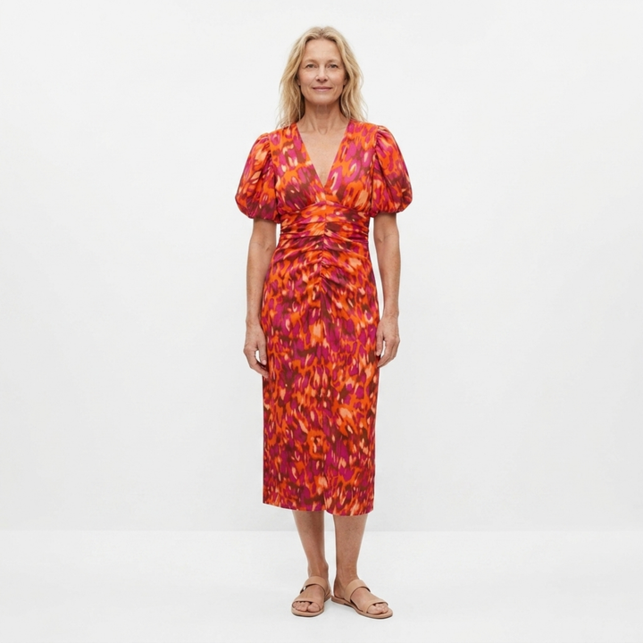 Langes Damenkleid mit Puffärmeln — Orange