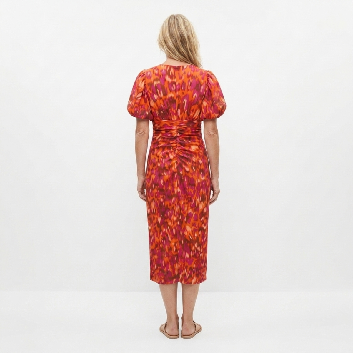 Printed long dress — V-neck and puff sleeves — party — product view