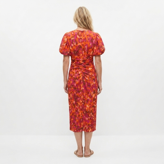 Printed long dress — V-neck and puff sleeves — party — product view