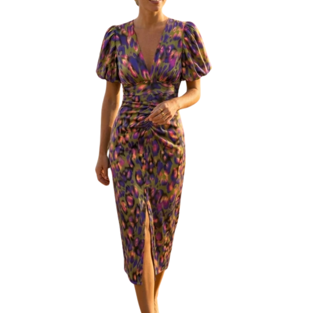 Printed long dress — V-neck and puff sleeves — party — Purple