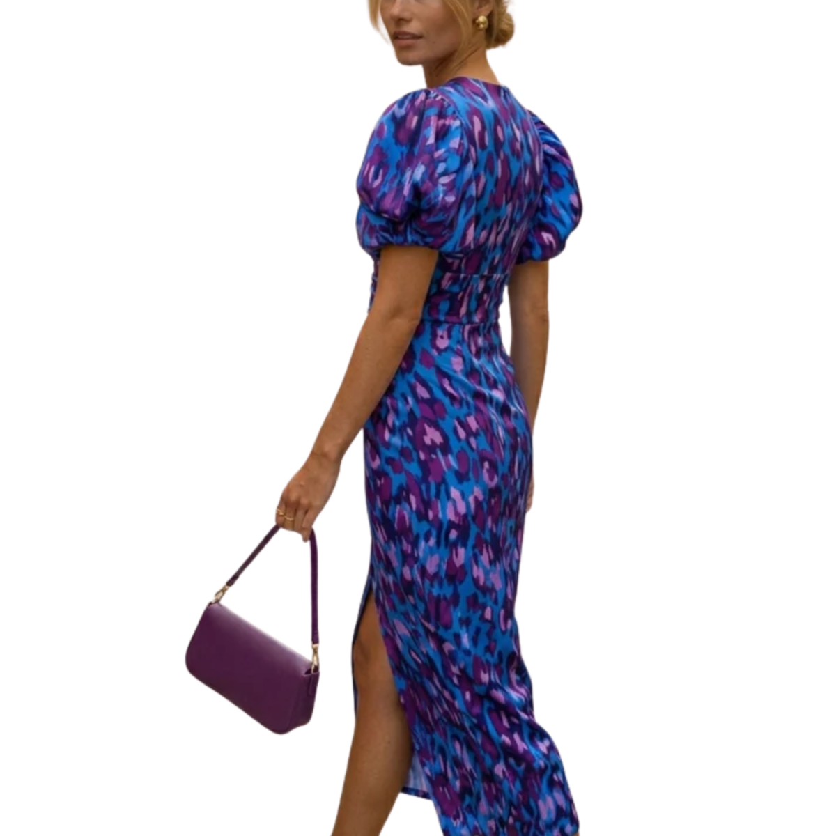 Printed long dress — V-neck and puff sleeves — party — Blue