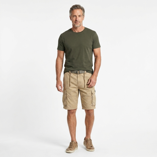 Cargo bermuda shorts — multi-pocket utility style — vacation — Khaki
