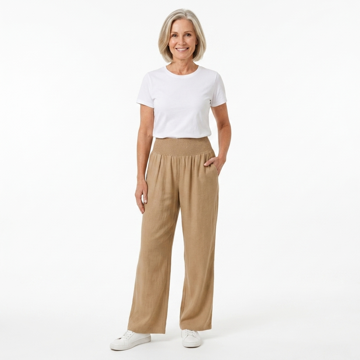 Women's Straight-Leg Pants with Elastic Waist — Khaki