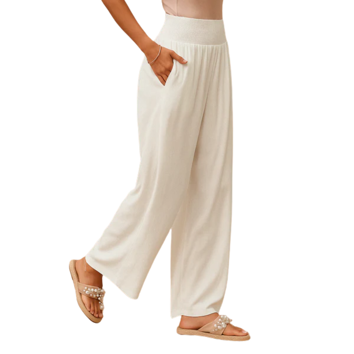 Women's Straight-Leg Pants with Elastic Waist — White