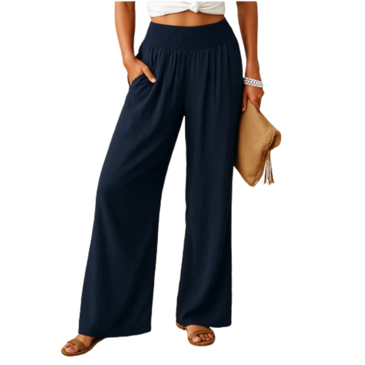 Women's Straight-Leg Pants with Elastic Waist — Navy Blue