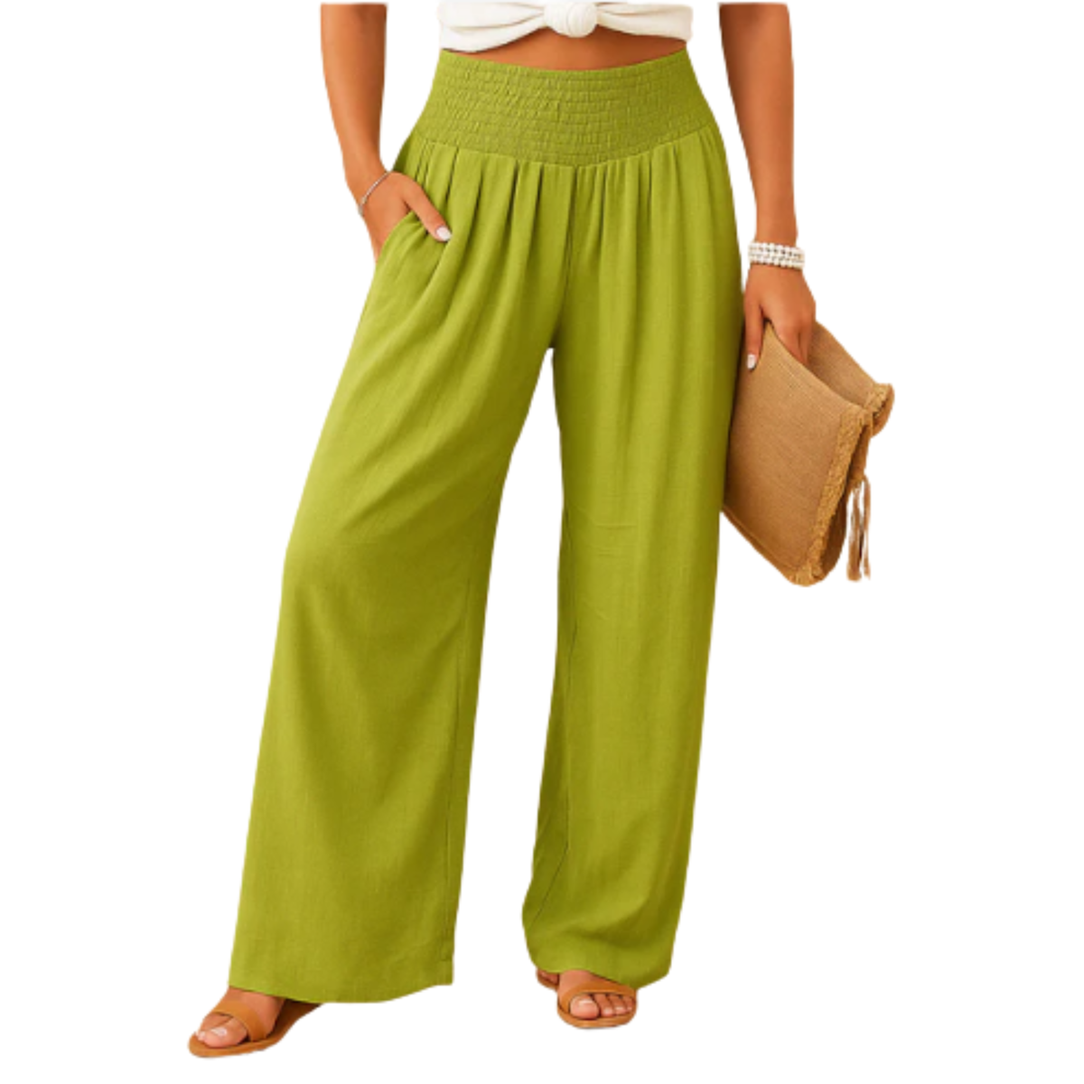 Women's Straight-Leg Pants with Elastic Waist — Light Green