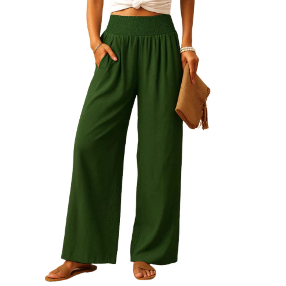 Women's Straight-Leg Pants with Elastic Waist — Dark Green