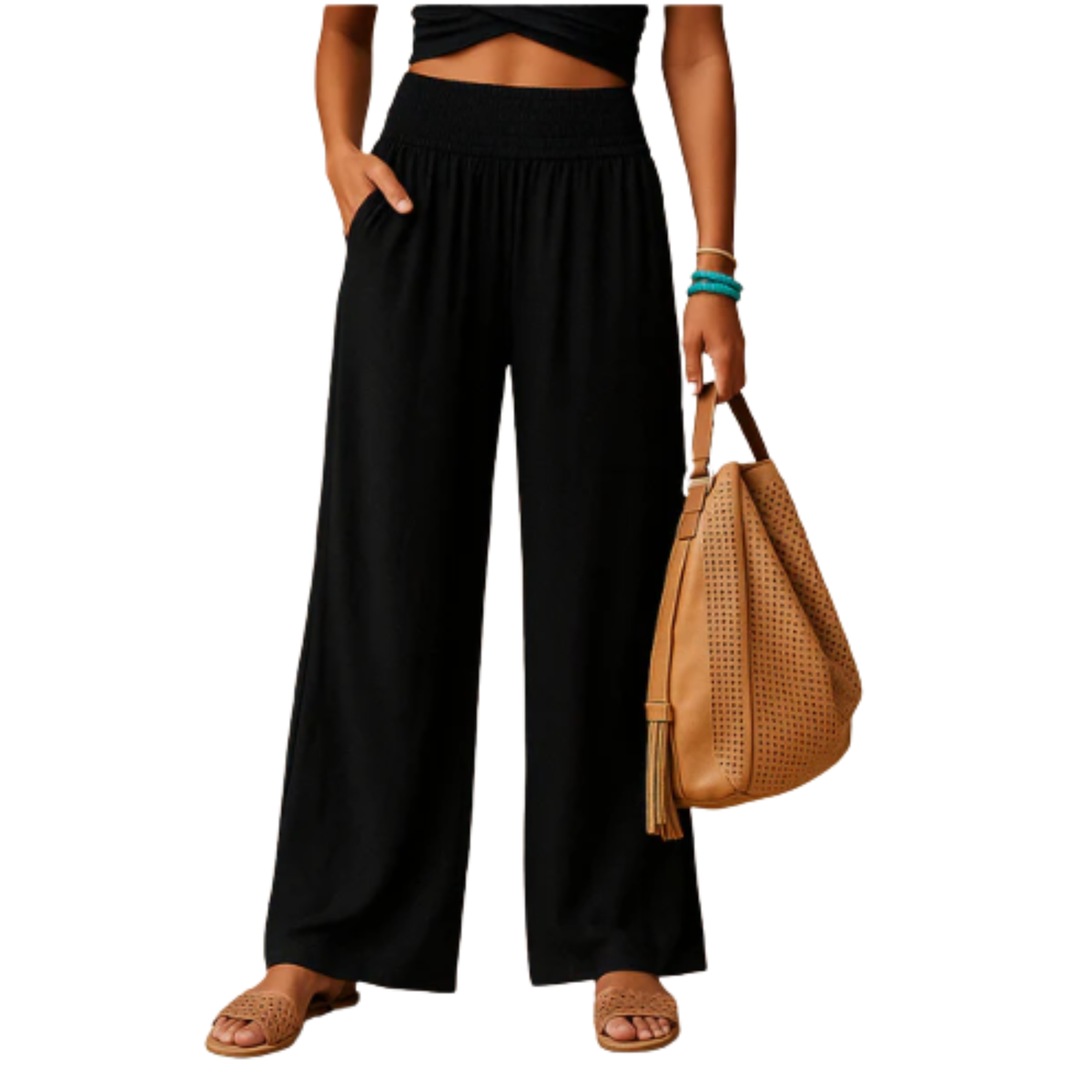 Women's Straight-Leg Pants with Elastic Waist — Black
