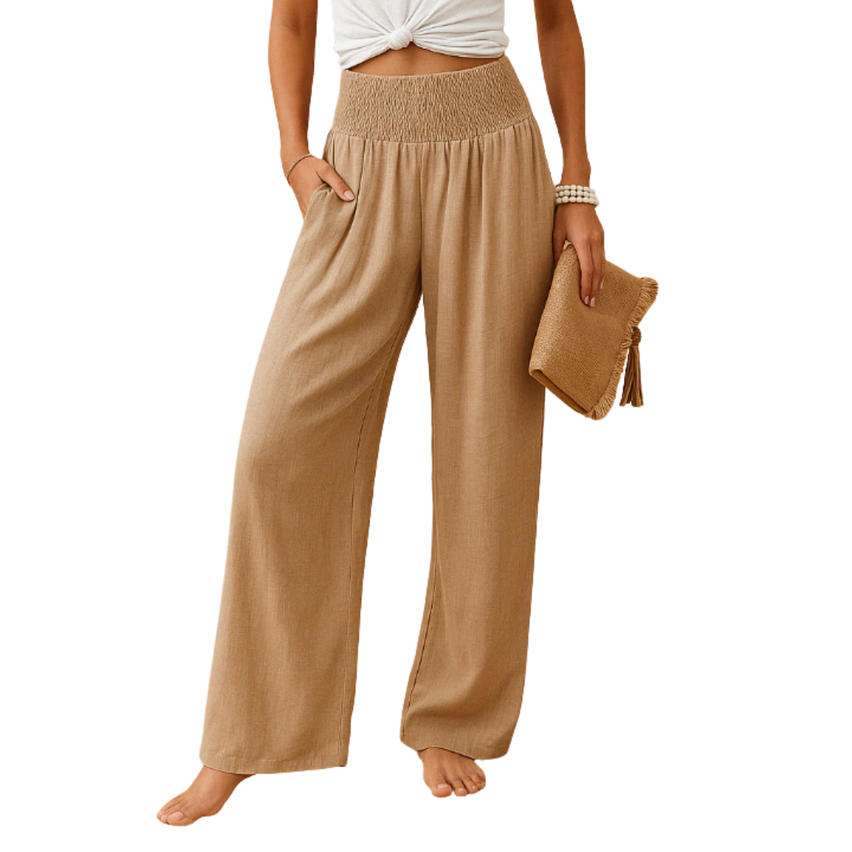 Women's Straight-Leg Pants with Elastic Waist — Khaki