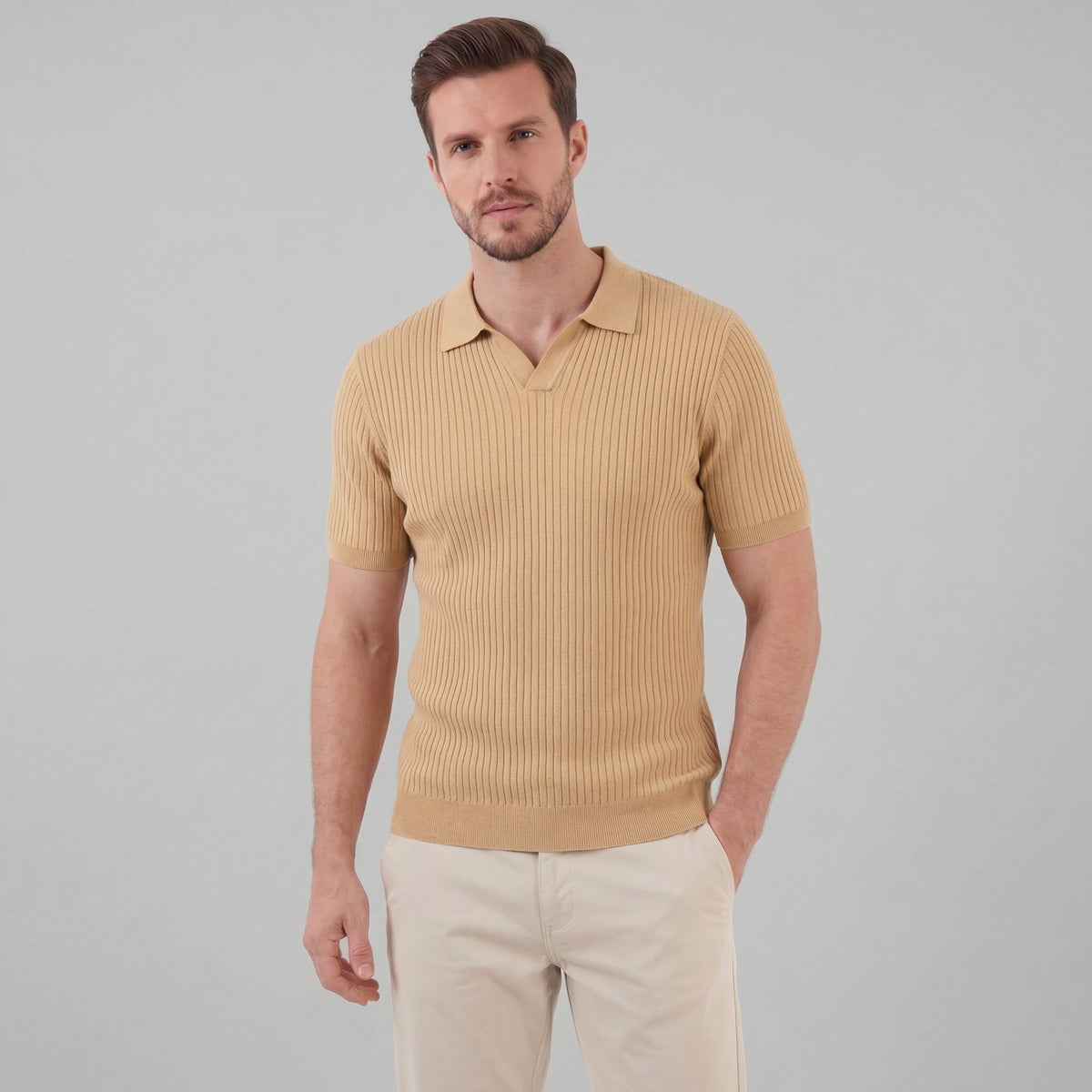 Men's high polo | modern knit — Camel