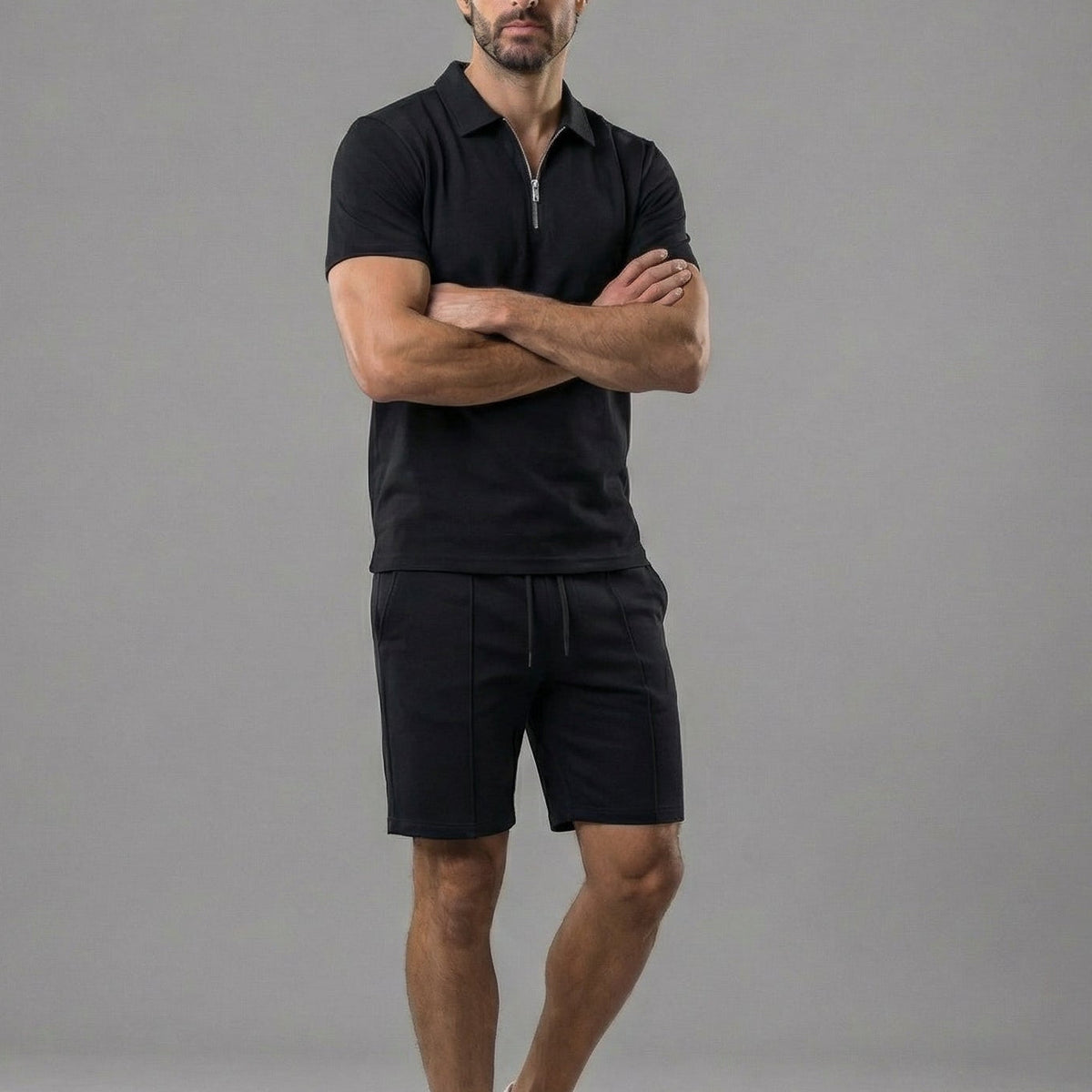 Men's short polo | summer knit set — Black