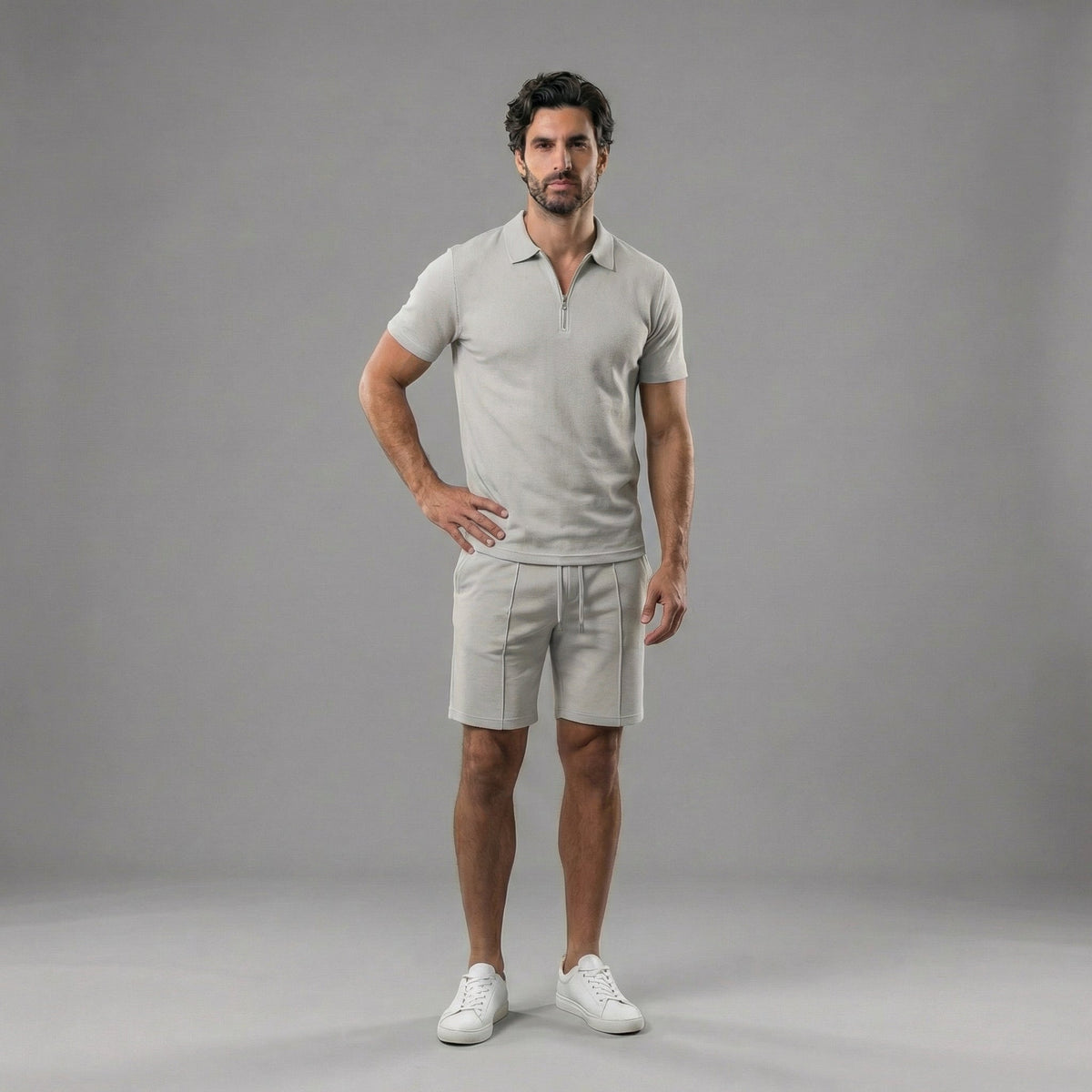 Men's short polo | summer knit set — Light Grey