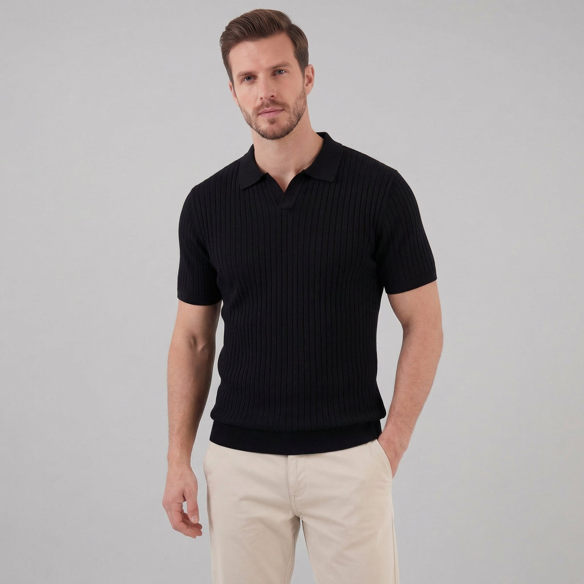 Sport polo top | textured knit set — Black