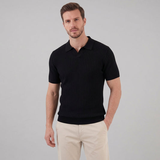 Sport polo top | textured knit set — Black