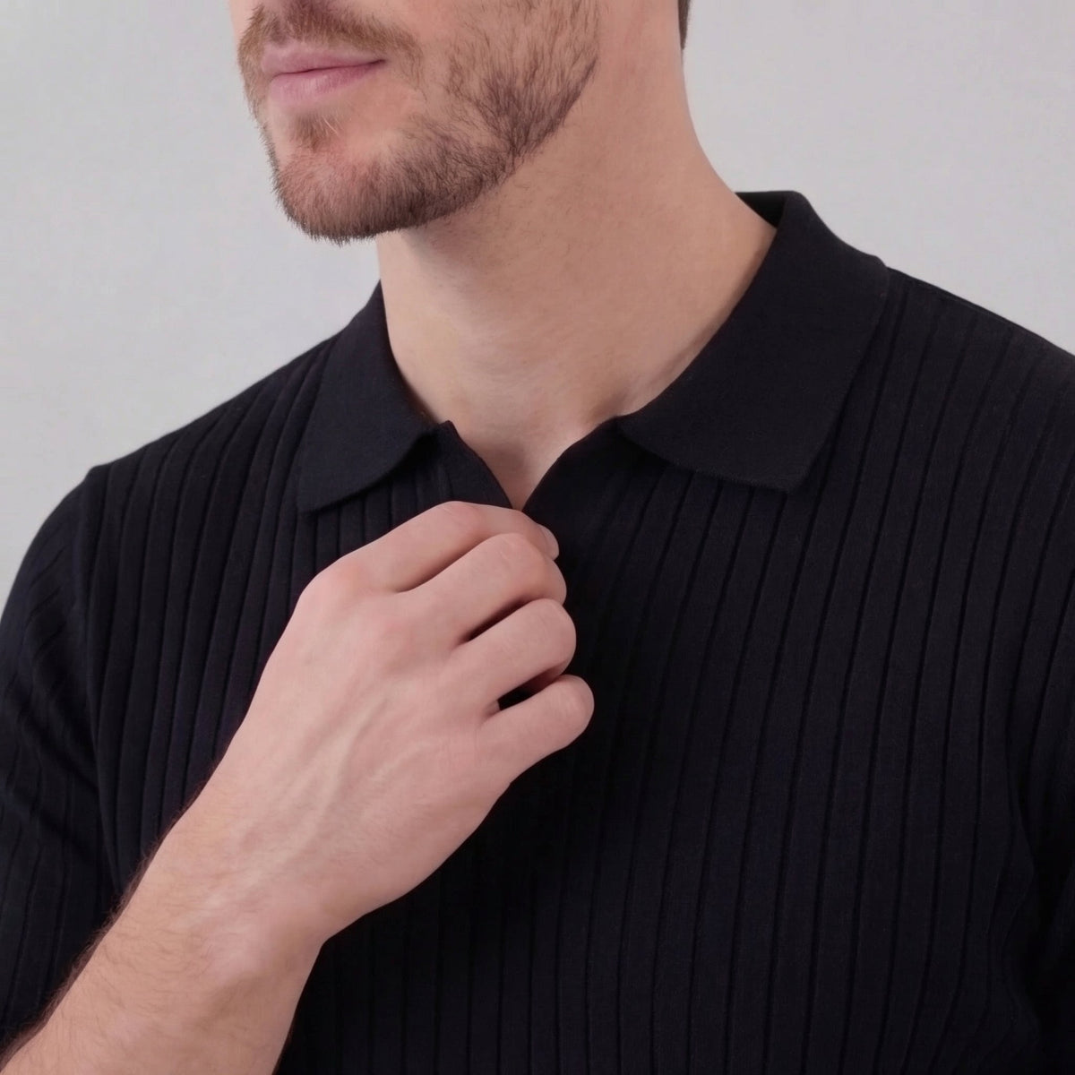 Sport polo top | textured knit set — Black
