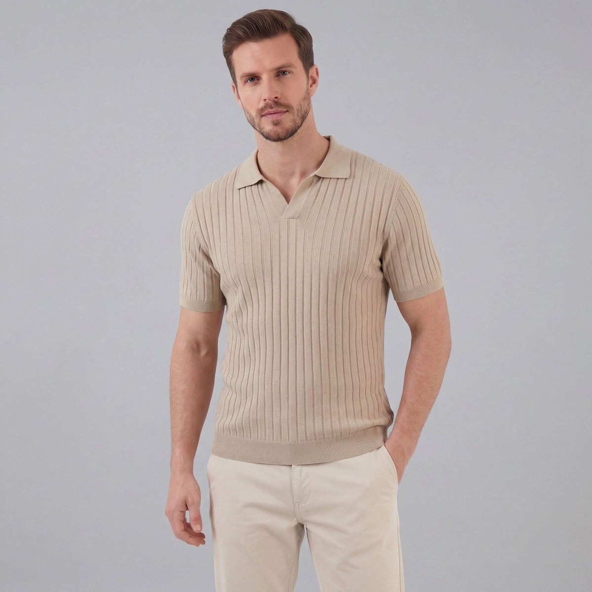 Sport polo top | textured knit set — Beige