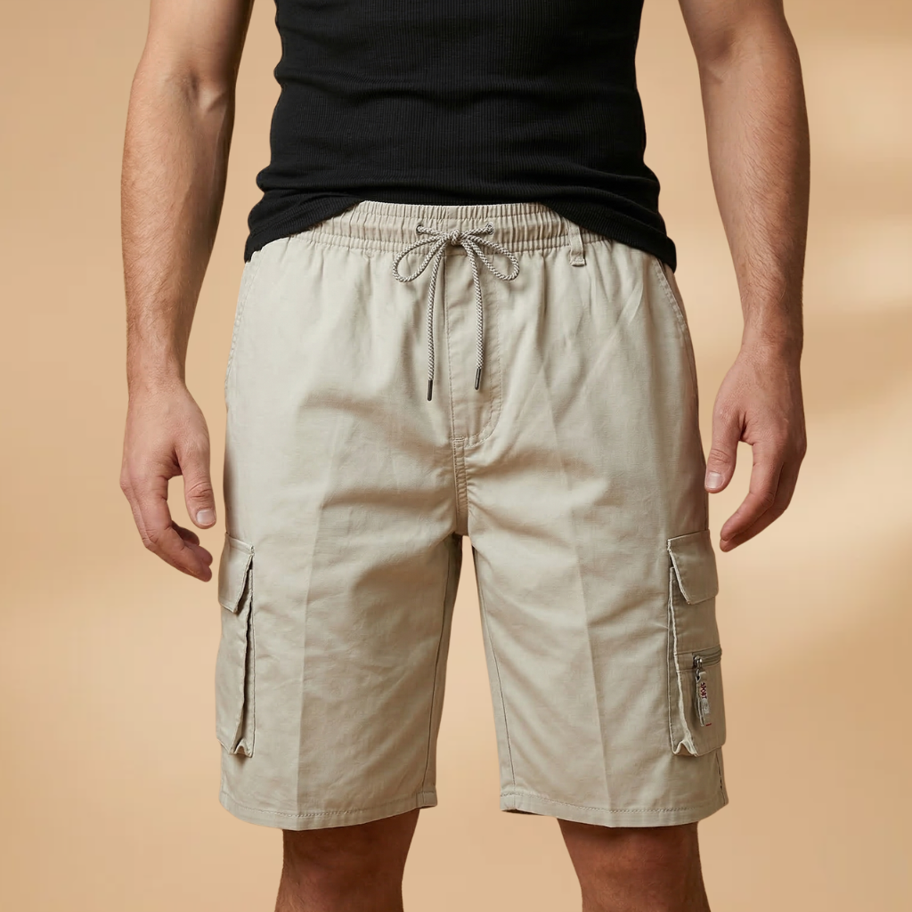 Men's Loose-Fit Bermuda Cargo Shorts with Elastic Waistband — Beige