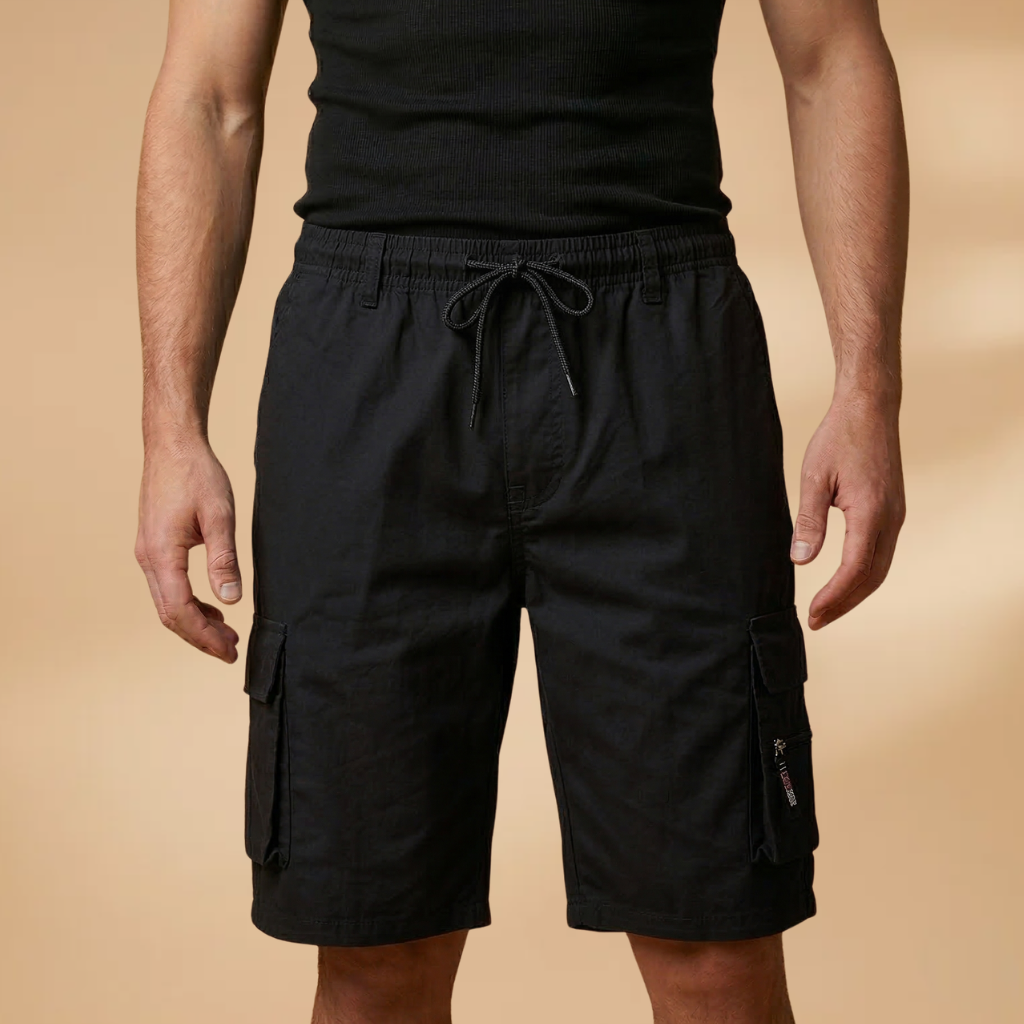 Men's Loose-Fit Bermuda Cargo Shorts with Elastic Waistband — Black