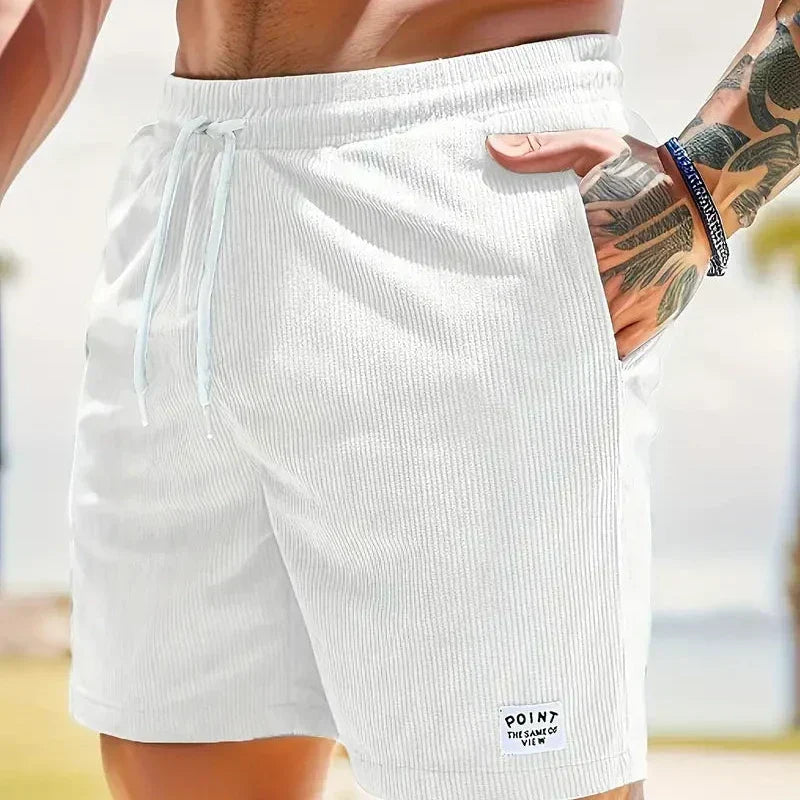 Men's velvet high shorts — casual summer clothing with drawstring — White