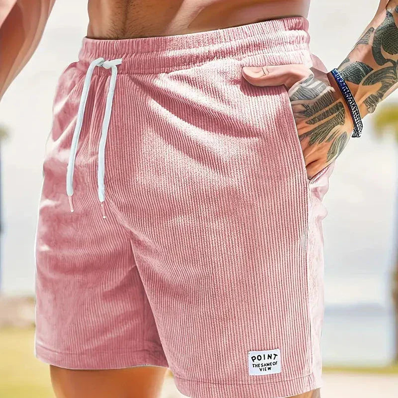 Men's velvet high shorts — casual summer clothing with drawstring — Light Pink