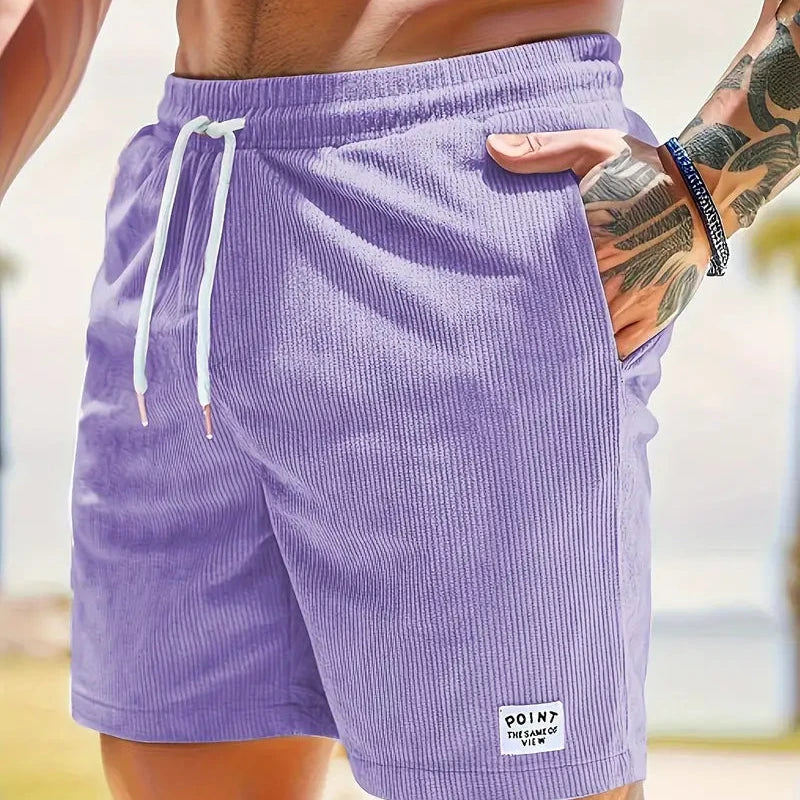 Men's velvet high shorts — casual summer clothing with drawstring — Purple