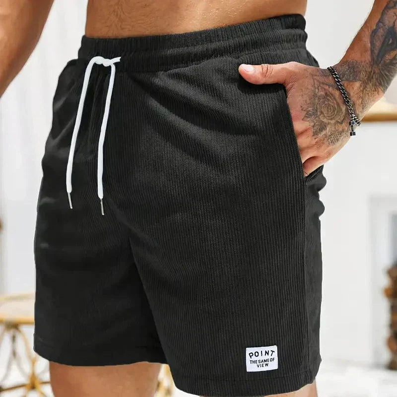 Men's velvet high shorts — casual summer clothing with drawstring — Black