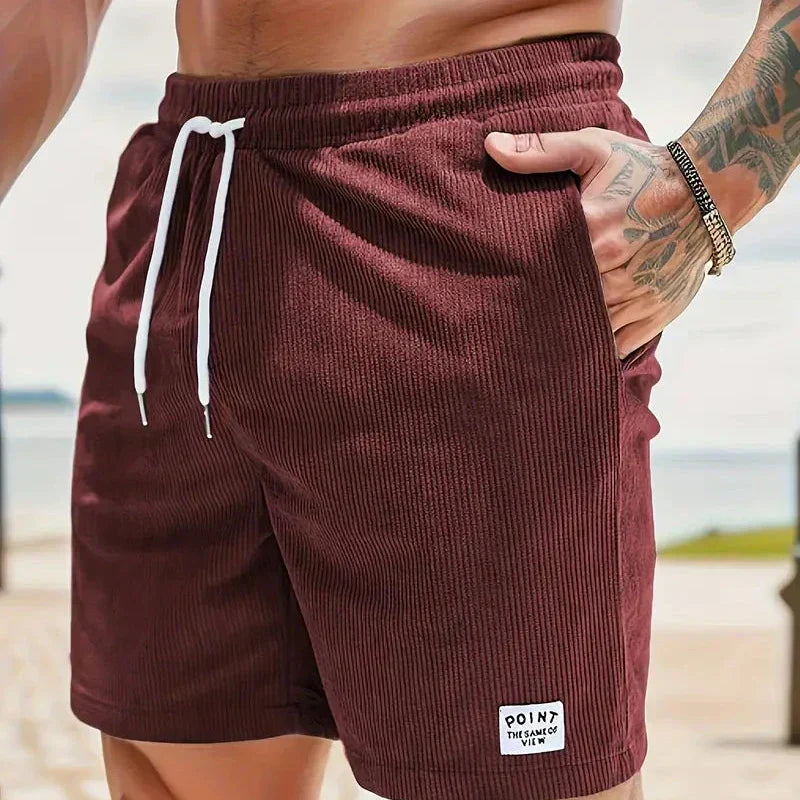 Men's velvet high shorts — casual summer clothing with drawstring — Burgundy