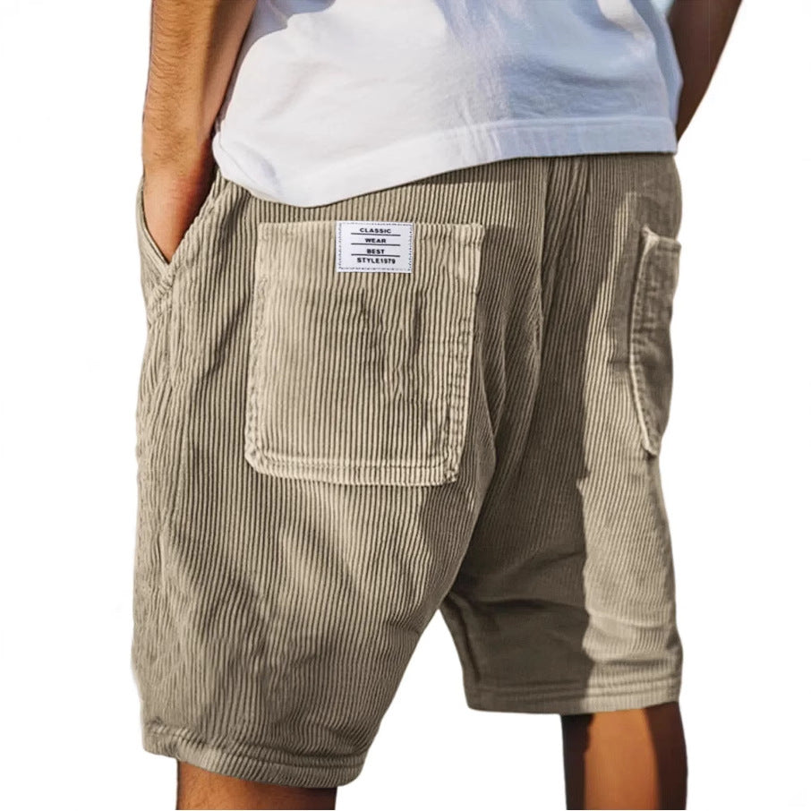 Casual men's corduroy shorts — leisure bermuda with pockets — Khaki