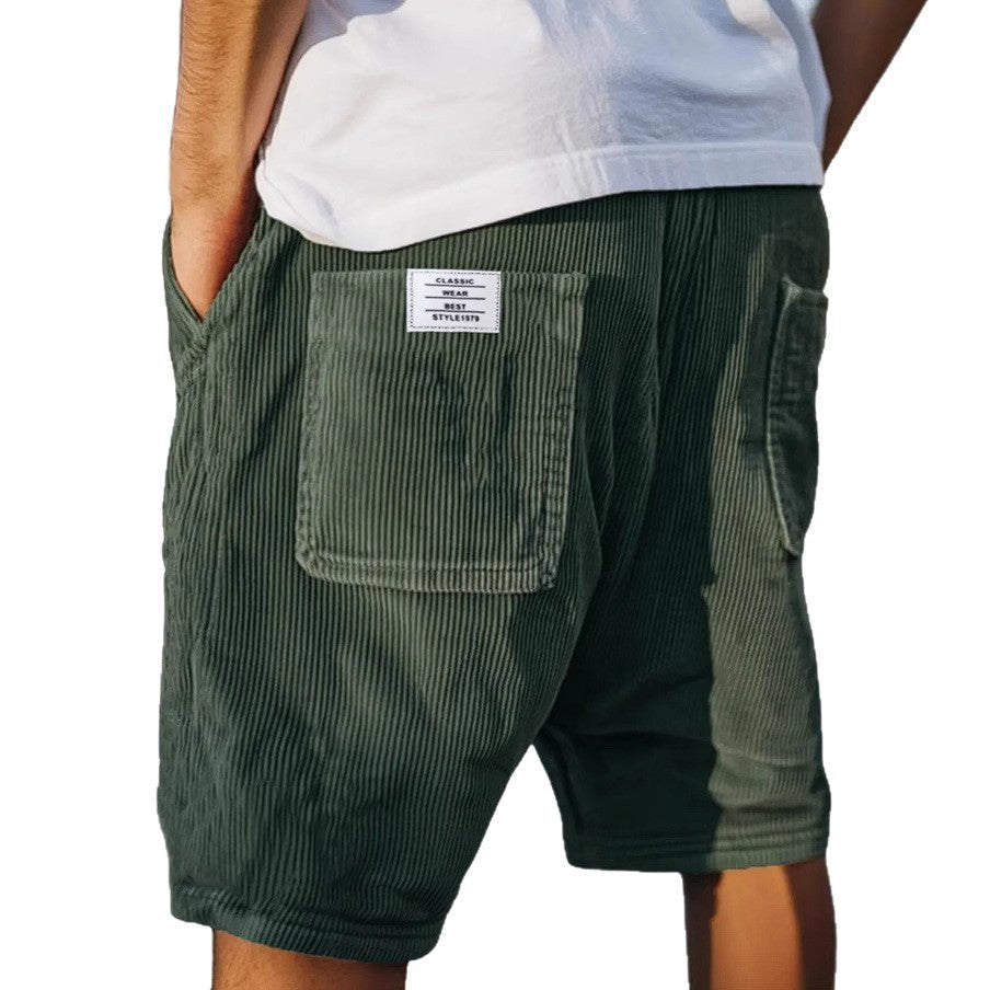 Casual men's corduroy shorts — leisure bermuda with pockets — Dark Green