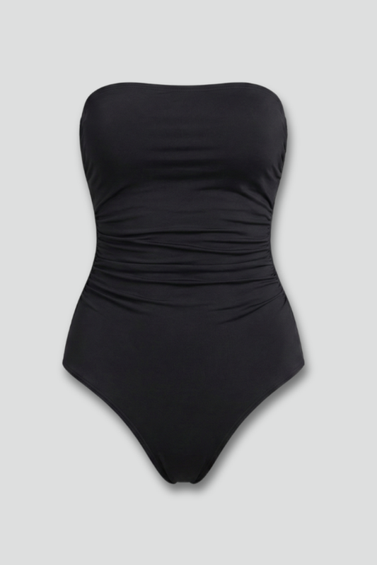 Strapless swimsuit for women — ruched one-piece swimming suit — Black