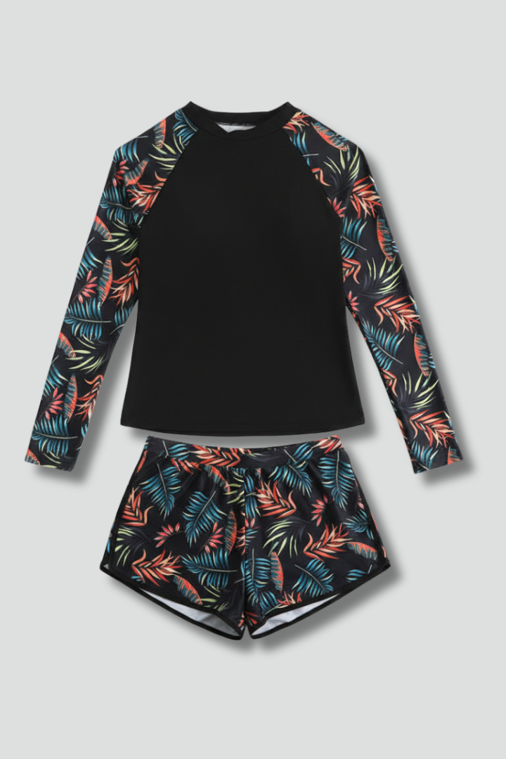 Two-piece women's swimsuit — long-sleeve tankini and shorts — Orange